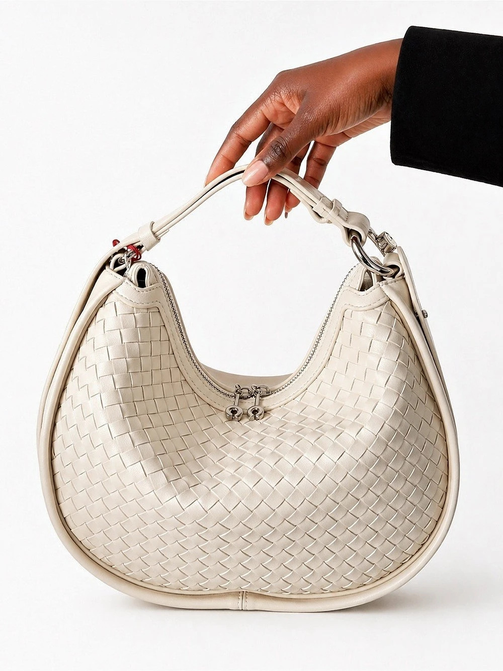 Cream Woven Vegan Leather Hobo Bag